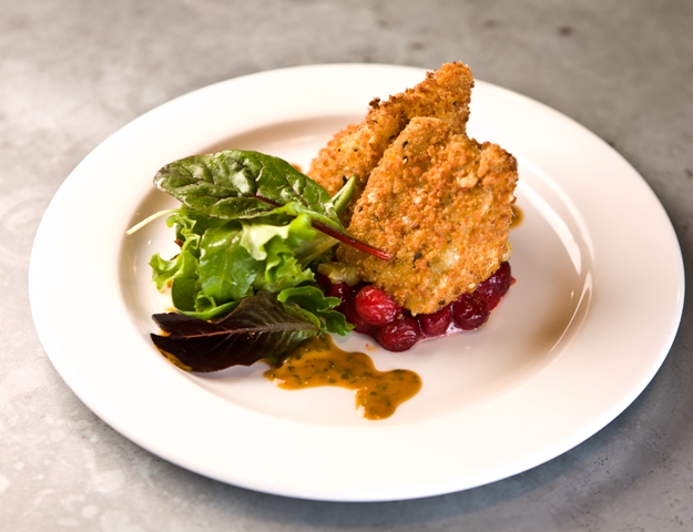 Deep fried brie sage and nut crust with cranberry compote