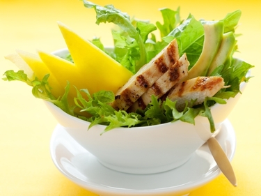 Warm chicken, avocado and mango salad