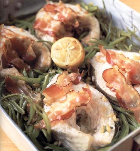 Tray-baked cod with runner beans, pancetta and pine-nuts