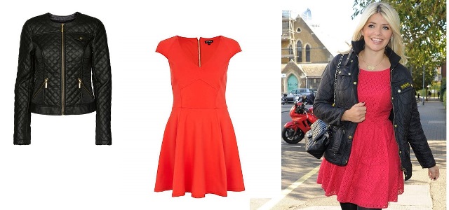 Holly Willoughby – Dallas PU Jacket Teamed with Red Skater Dress