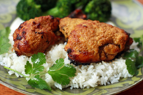 Tandoori chicken with roast broccoli and rice