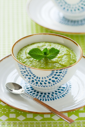 Pea soup infused with mint and spring onions, served with parmesan biscuits 