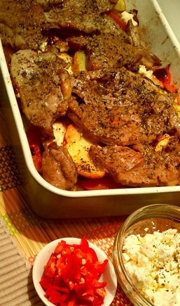 Greek inspired lamb with potatoes and olives