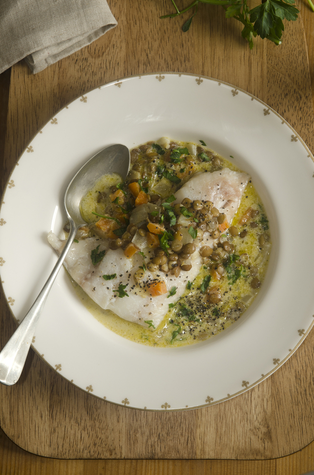 Smoked haddock with lentils 