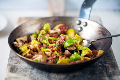 Buttered sprouts with chestnuts and crispy bacon