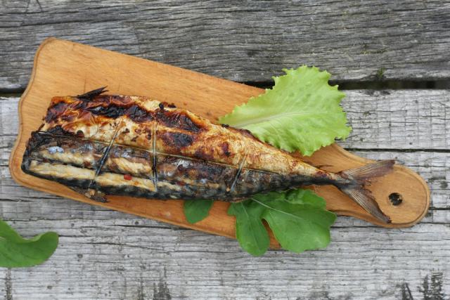 Grilled mackerel with chilli and salad