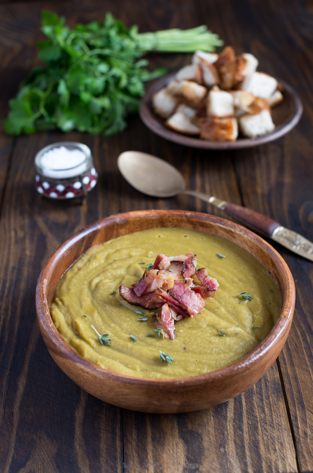 Celeriac, thyme soup topped with pancetta