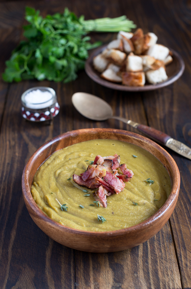 Celeriac, thyme soup topped with pancetta