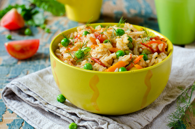 Chicken pilaf with mixed vegetables and beans