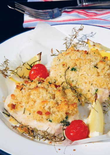 Crusted hake with crunchy pine nut topping