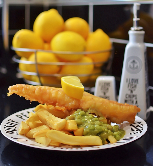 Gluten-free battered cod and mushy peas