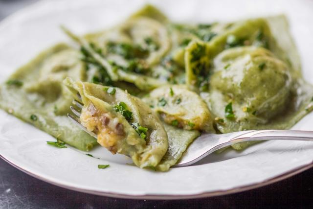 Tortellini with spring asparagus and earthy mushrooms