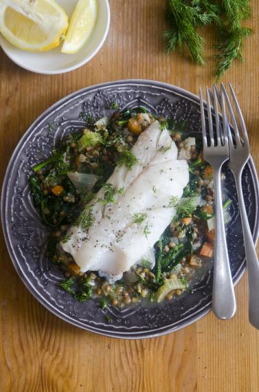 Haddock with lentils